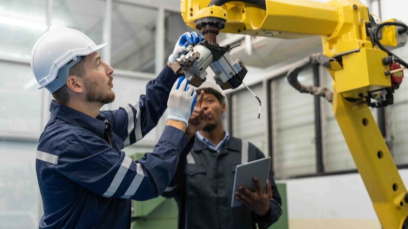 Two workers using a Robot arm