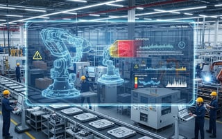 Digital virtual screen of robot arms on factory floor