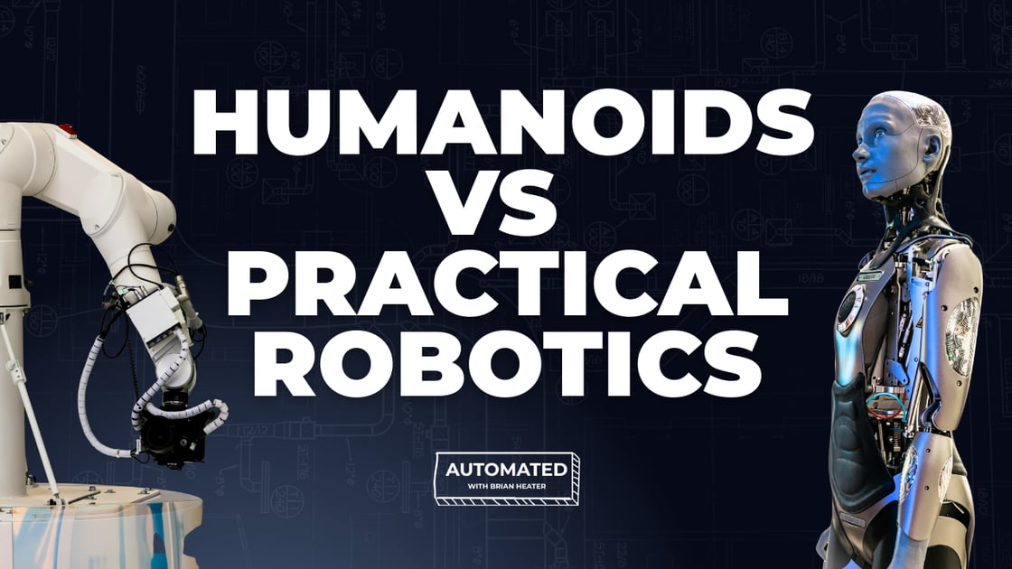 Automated podcast promo image of a robot arm and a humanoid with the text "Humanoids vs Practical Robotics"